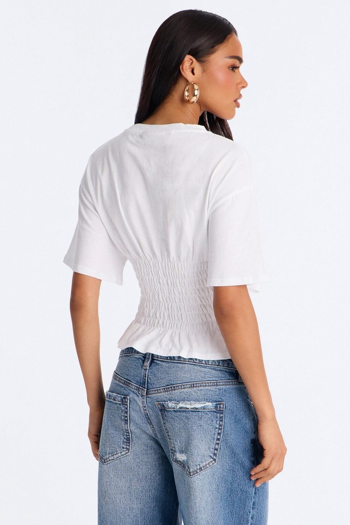 Delaney Smocked Short Sleeve Top - White