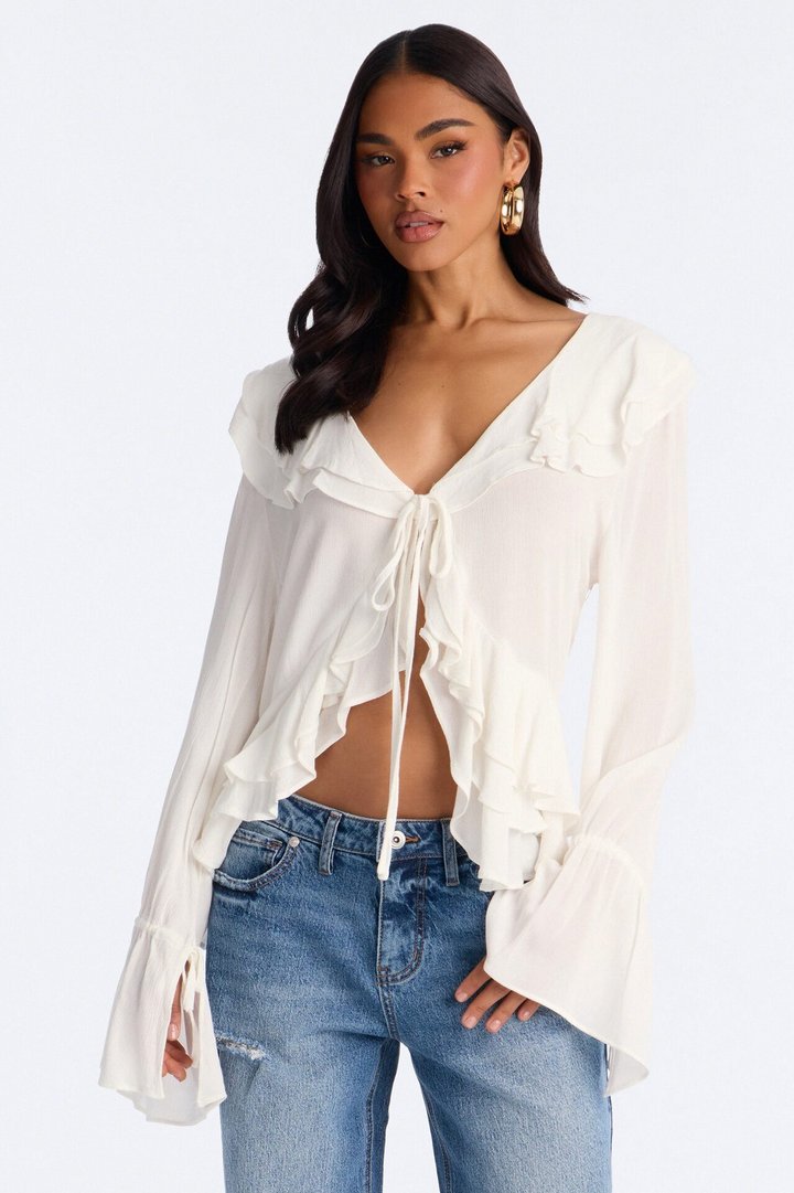 Summer Crush Ruffle Tie Front Flyaway Top - White