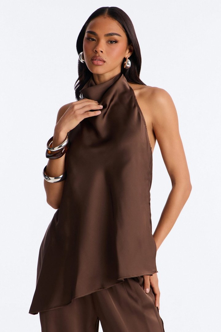 Teagan High Neck Satin Halter Top - Chocolate
