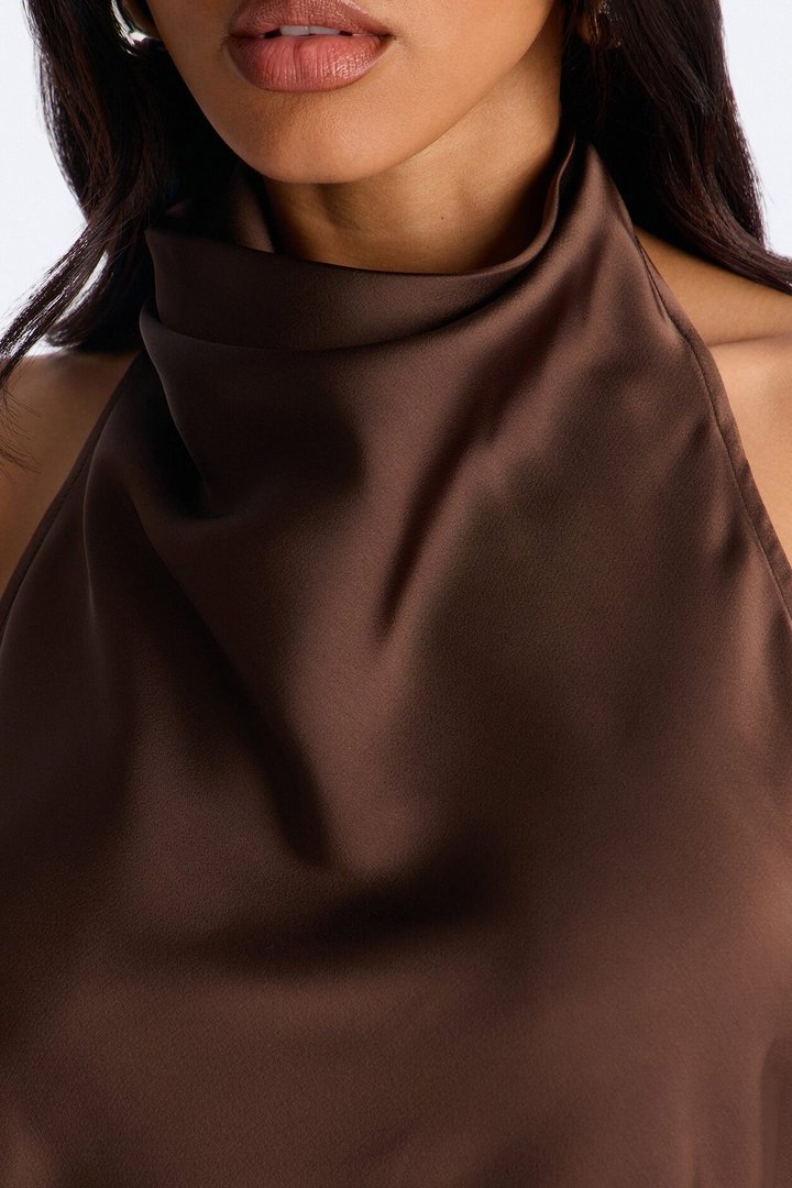 Teagan High Neck Satin Halter Top - Chocolate