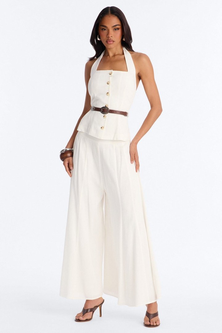 Beatrice Belted Halter Pant Set - White