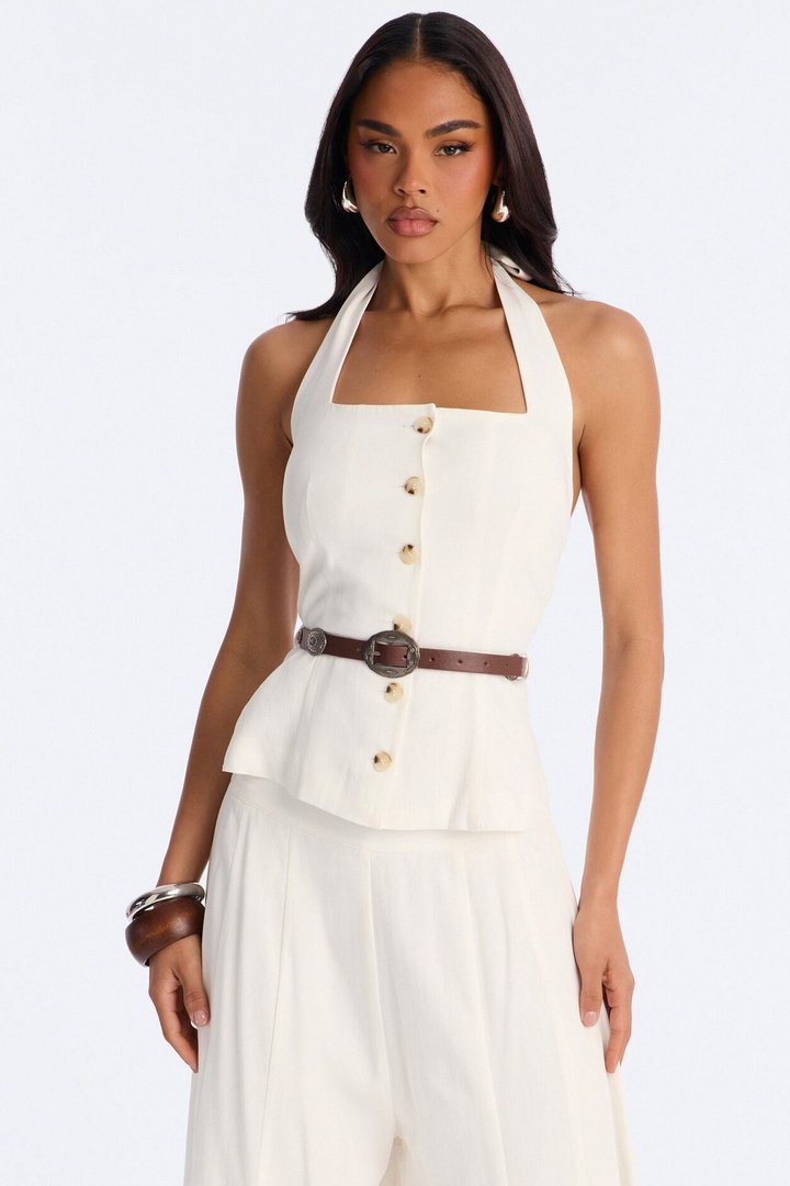 Beatrice Belted Halter Pant Set - White