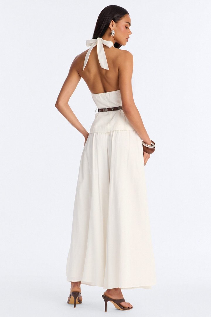 Beatrice Belted Halter Pant Set - White