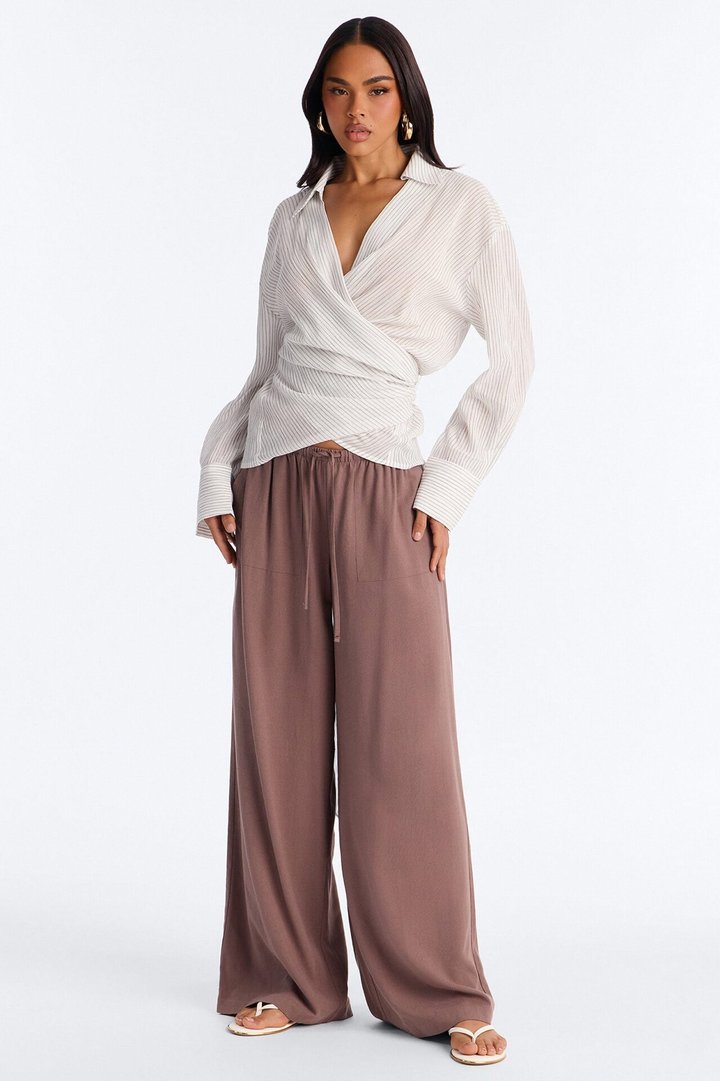 Everyday Mood Tie Waist Pinstripe Linen Blouse - Grey/combo