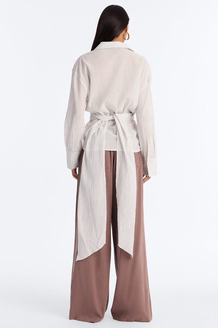 Everyday Mood Tie Waist Pinstripe Linen Blouse - Grey/combo