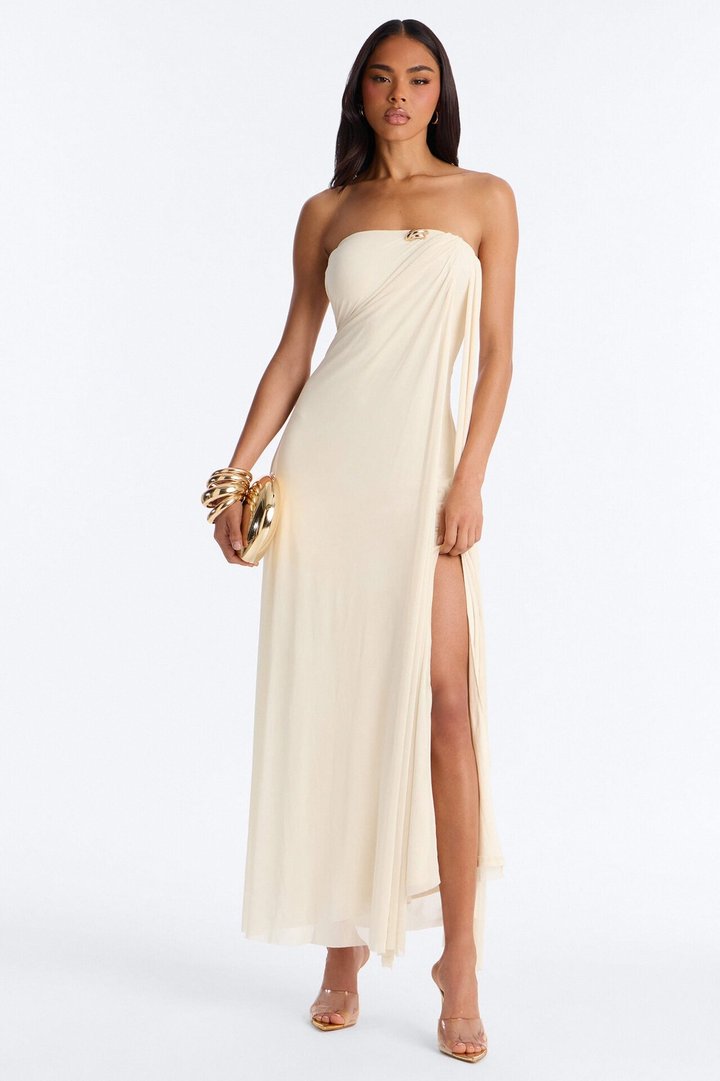 Marielle Draped Mesh Maxi Dress - Cream
