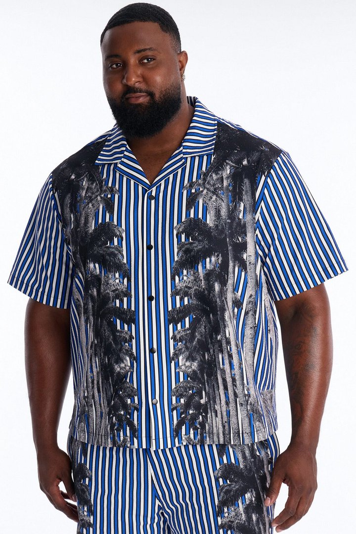 Relaxed Palm Haven Striped Seersucker Cuban Collar Button Up Shirt - Blue