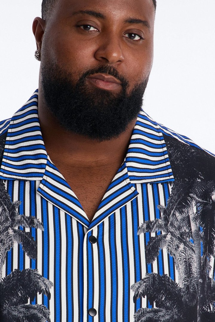 Relaxed Palm Haven Striped Seersucker Cuban Collar Button Up Shirt - Blue