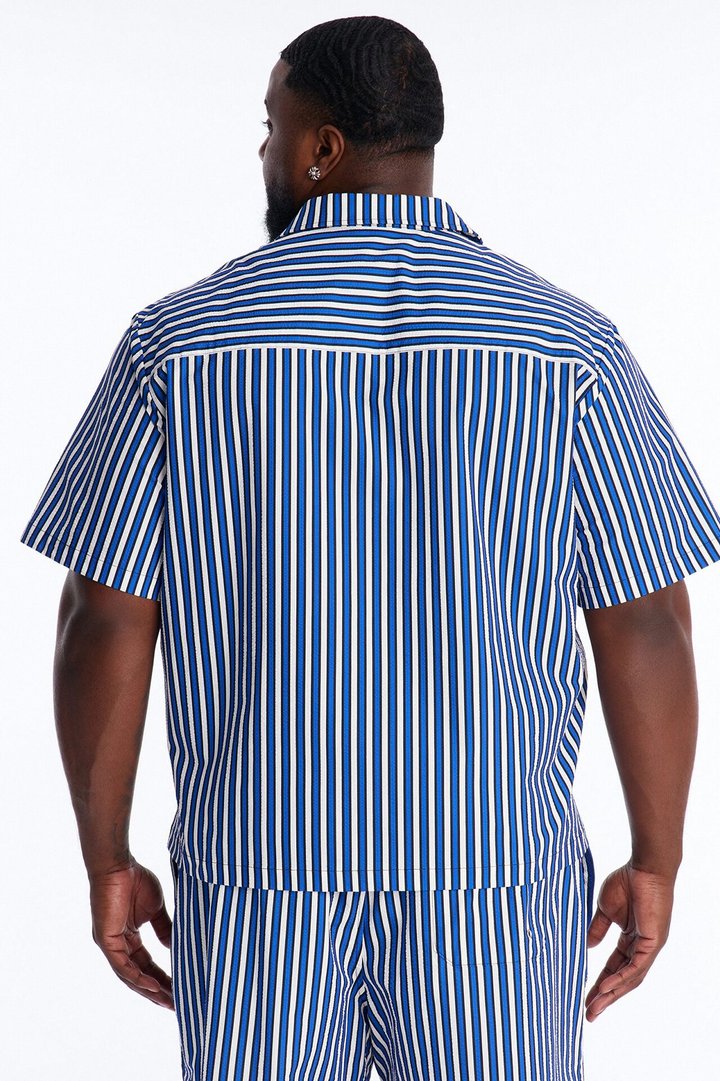 Relaxed Palm Haven Striped Seersucker Cuban Collar Button Up Shirt - Blue