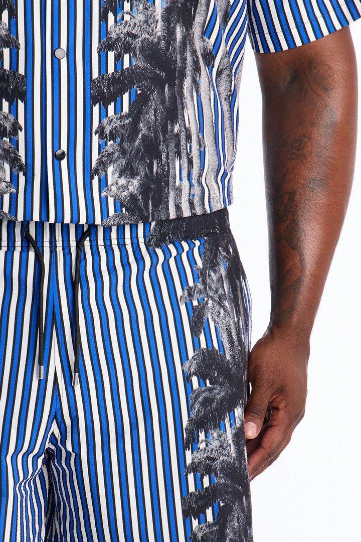 Palm Haven Striped Seersucker Swim Trunk 6″ - Blue