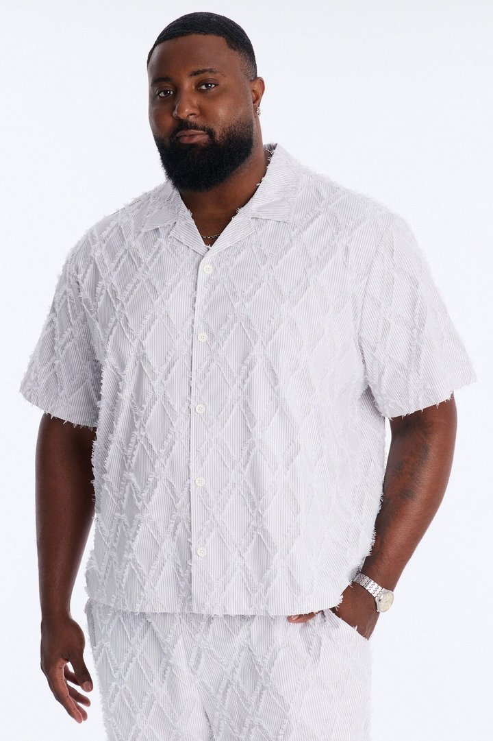 Relaxed Sahara Stripe Cuban Collar Button Up Shirt - White