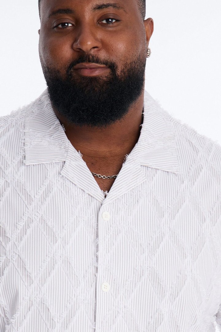 Relaxed Sahara Stripe Cuban Collar Button Up Shirt - White