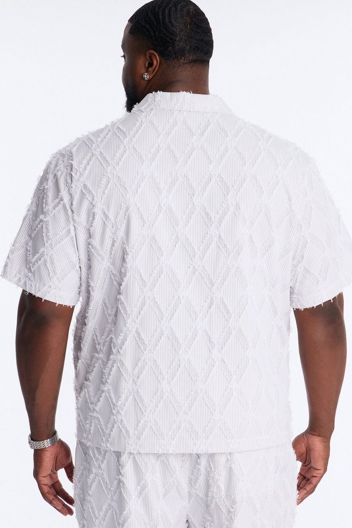 Relaxed Sahara Stripe Cuban Collar Button Up Shirt - White