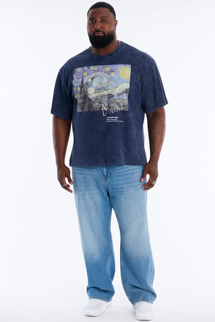 Vincent Van Gogh Starry Night Embroidered Mineral Wash Fleece Tee - Navy