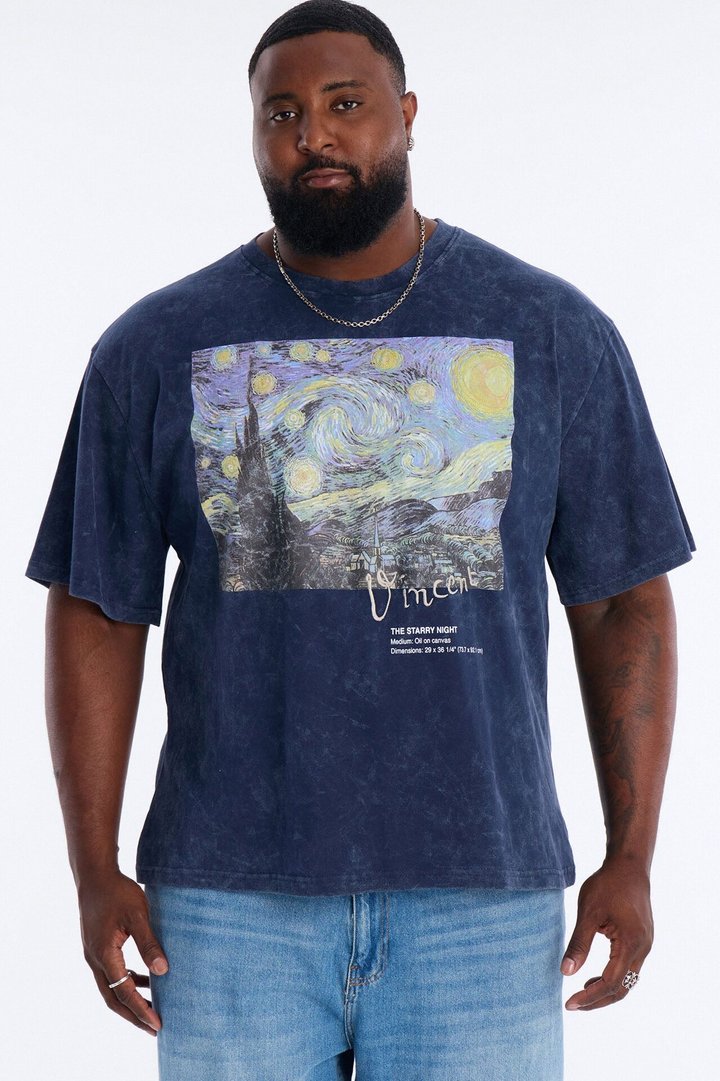 Vincent Van Gogh Starry Night Embroidered Mineral Wash Fleece Tee - Navy