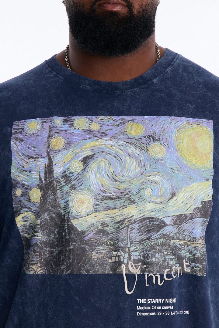 Vincent Van Gogh Starry Night Embroidered Mineral Wash Fleece Tee - Navy