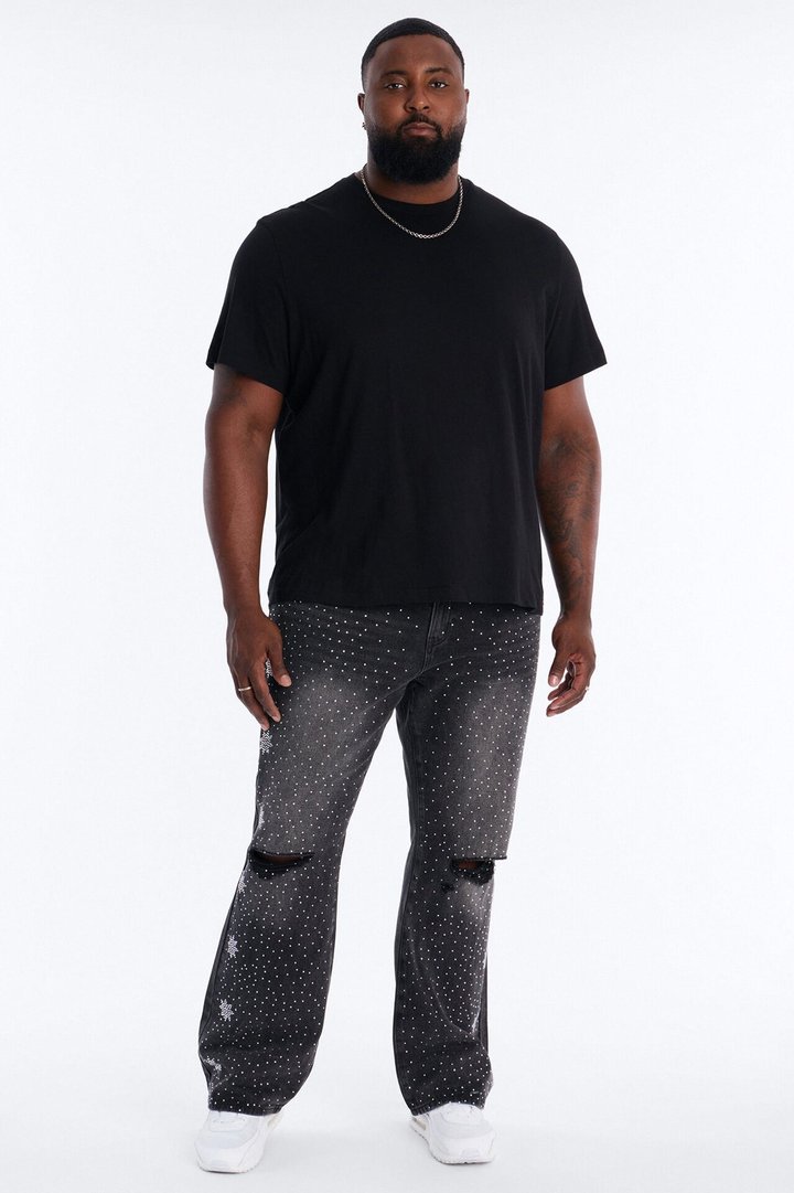 Straight Flare Static Drip Jeweled Jean - Black Wash