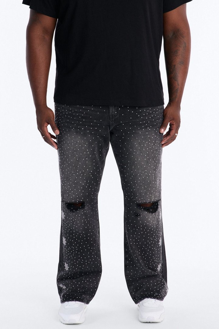Straight Flare Static Drip Jeweled Jean - Black Wash