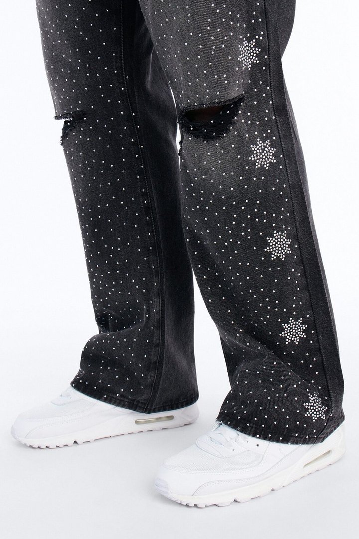 Straight Flare Static Drip Jeweled Jean - Black Wash