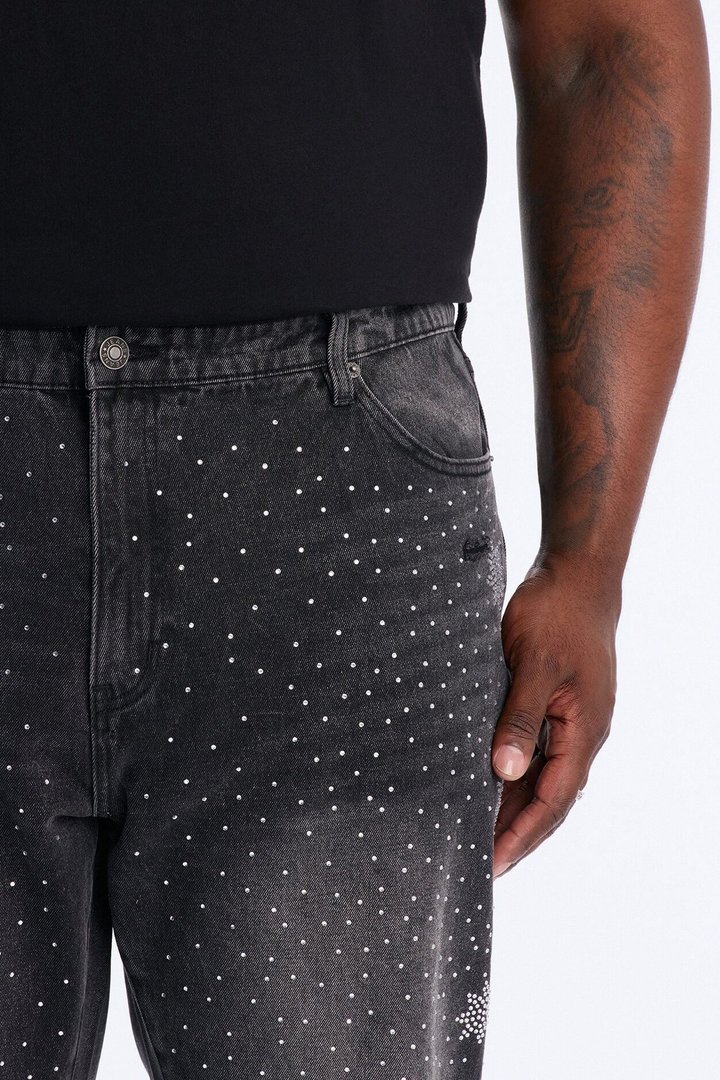 Straight Flare Static Drip Jeweled Jean - Black Wash