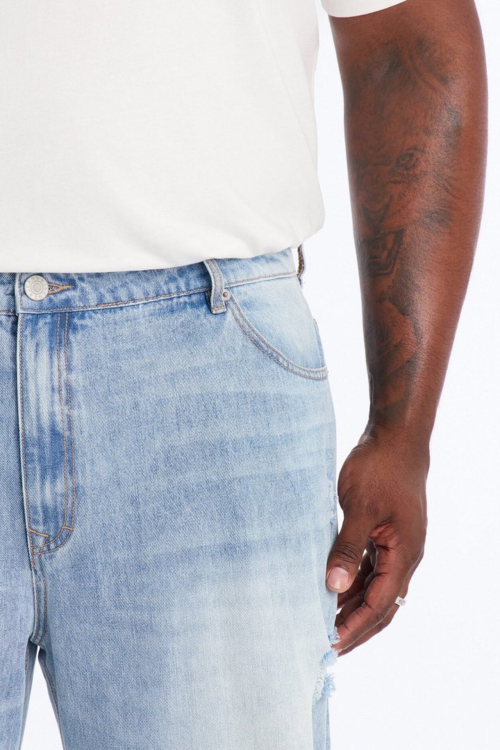 Essential Destroyed Baggy Rigid Jean - Light Blue Wash