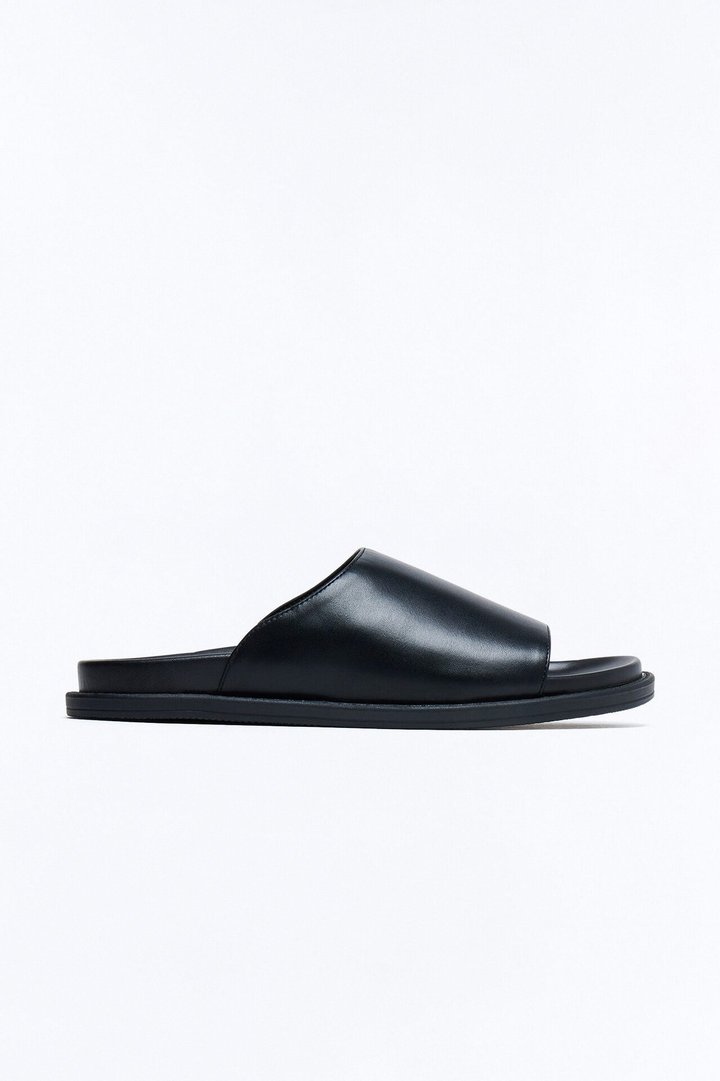 Minimal Faux Leather Slip On Slide - Black