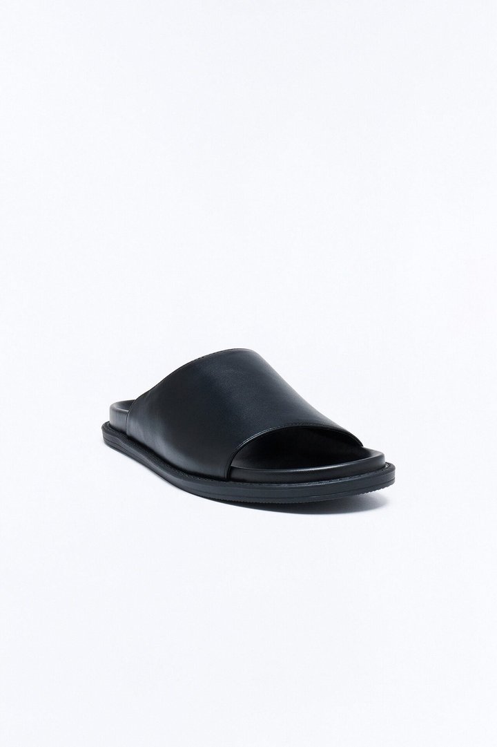 Minimal Faux Leather Slip On Slide - Black