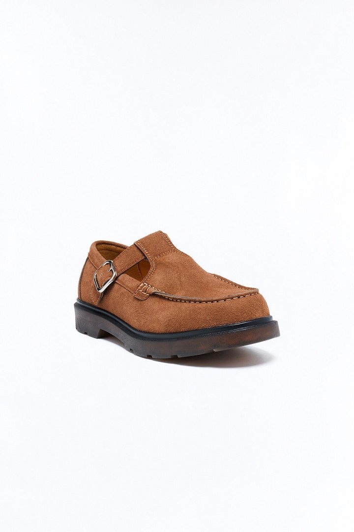 Faux Suede Chunky Buckle Loafer - Brown