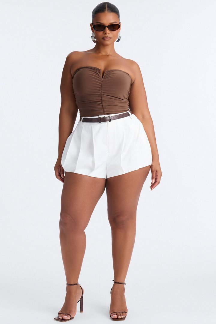 Gentle Blossom Ruched Notch Neck Strapless Bodysuit - Mocha