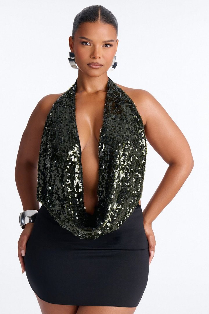 Sea Goddess Sequin Cowl Neck Halter Bodysuit - Hunter Green