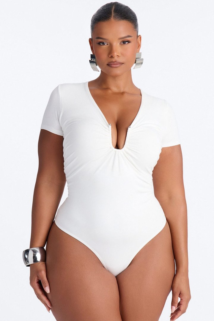 Danielle Deep V Neck Short Sleeve Bodysuit - White
