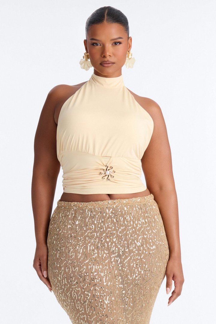 Sun Daydream Ruched High Neck Halter Top - Butter Yellow