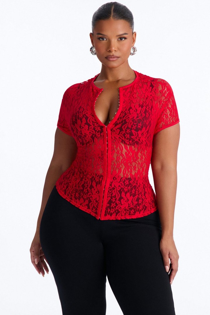 Lani Lace Mock Neck Cap Sleeve Top - Red