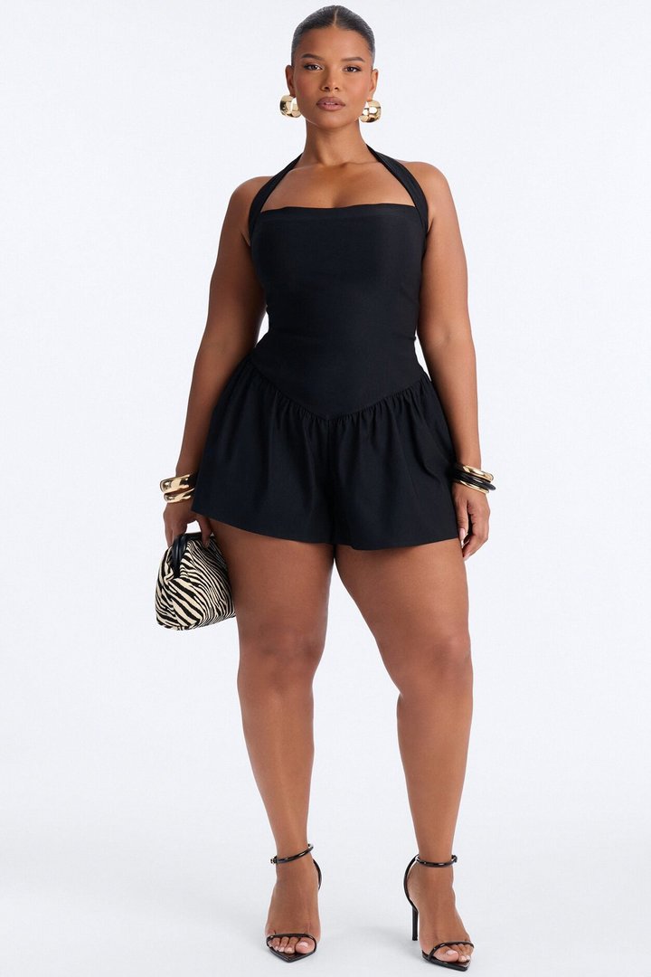 Willa Bubble Halter Romper - Black