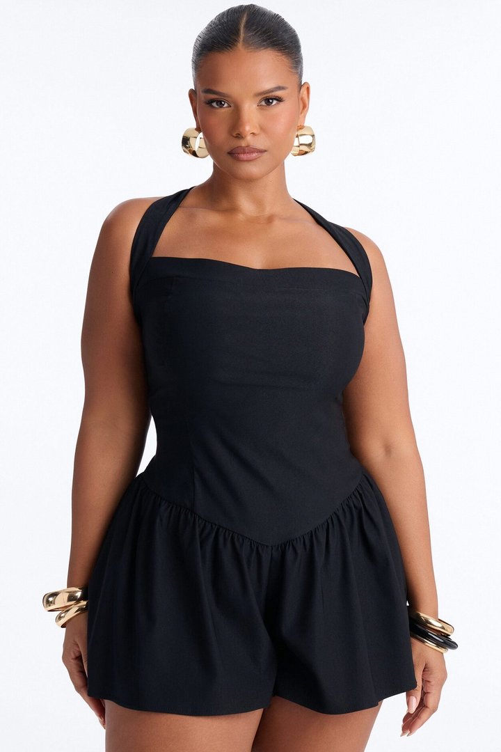 Willa Bubble Halter Romper - Black