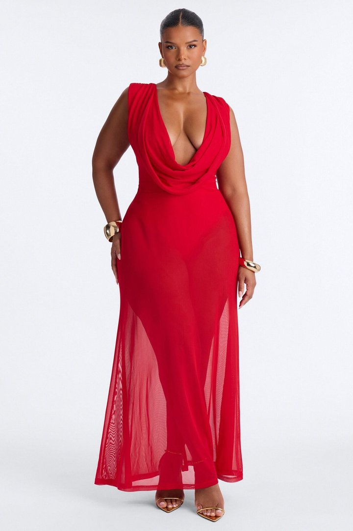 Sandra Cowl Mesh Maxi Dress - Red