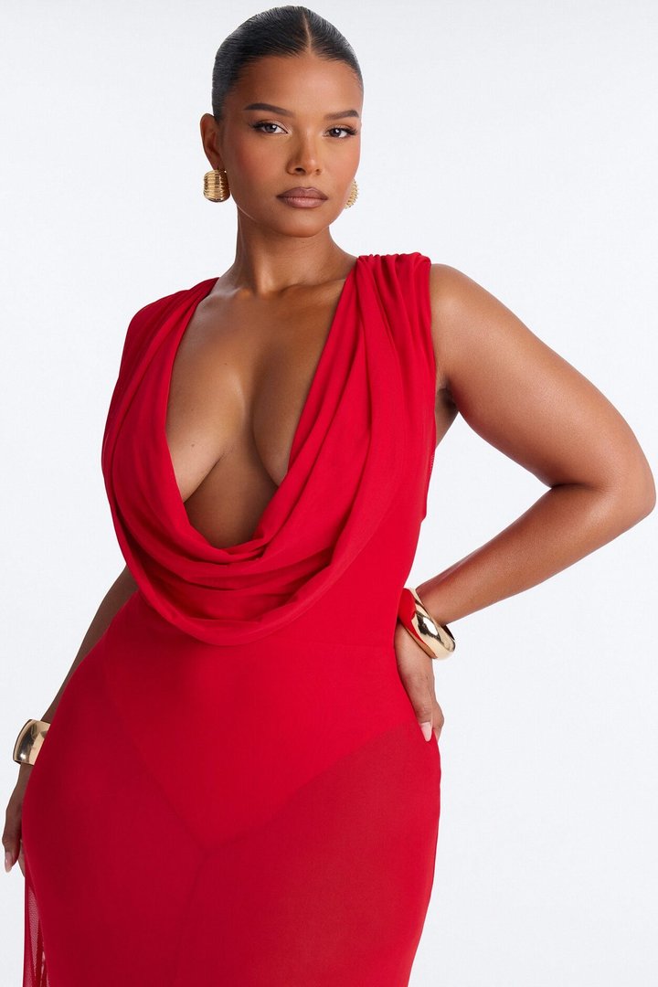 Sandra Cowl Mesh Maxi Dress - Red