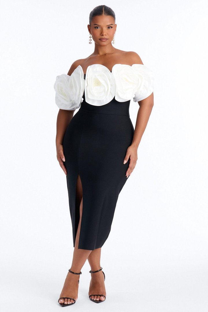Divina Floral Bandage Midi Dress - Black/White