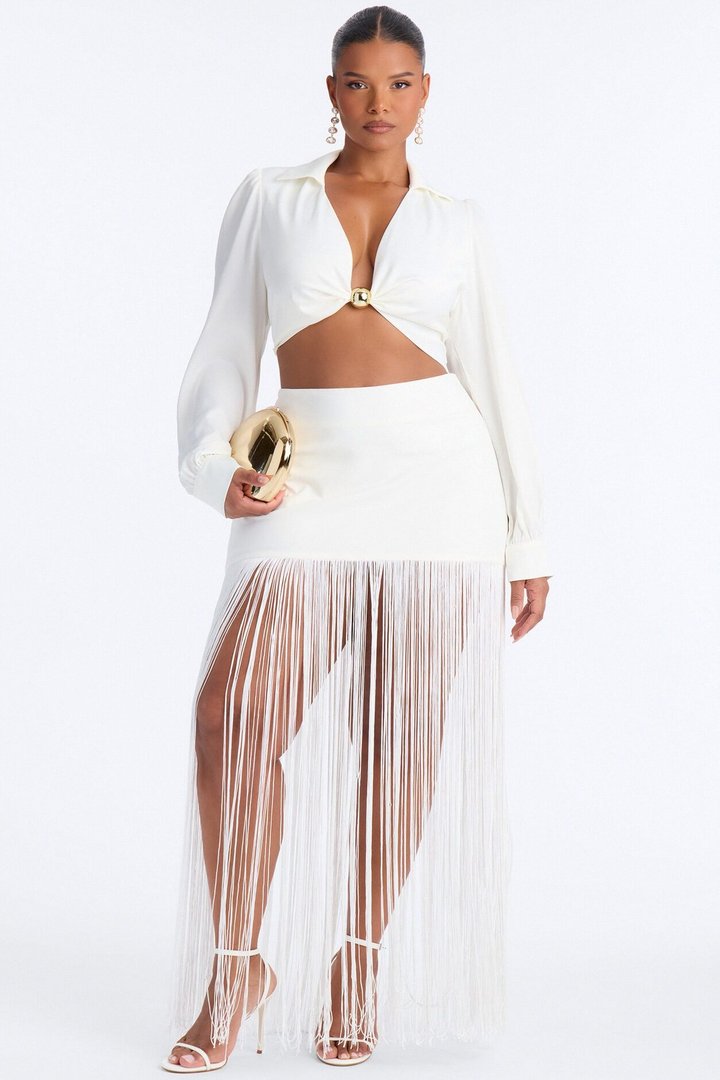 Kendell Fringe Trim Maxi Skirt - White