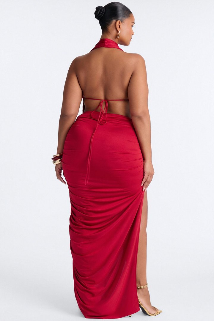 Palm Tree Paradise Ruched Maxi Dress - Red