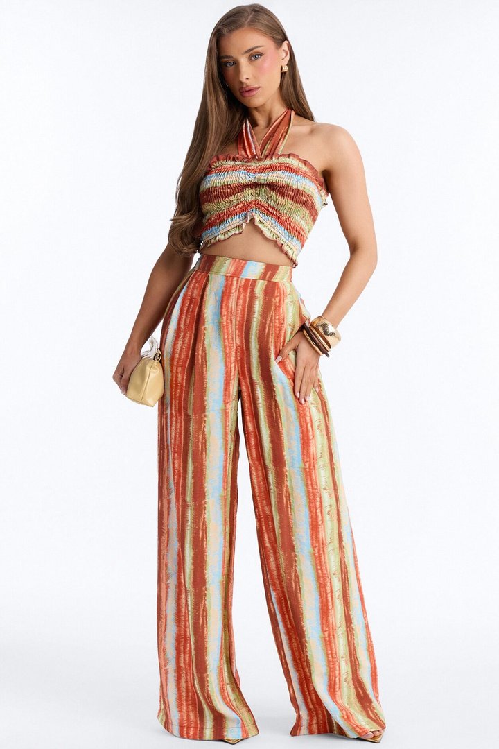 Taryn Smocked Top Wide Leg Pant Set - Rust/combo