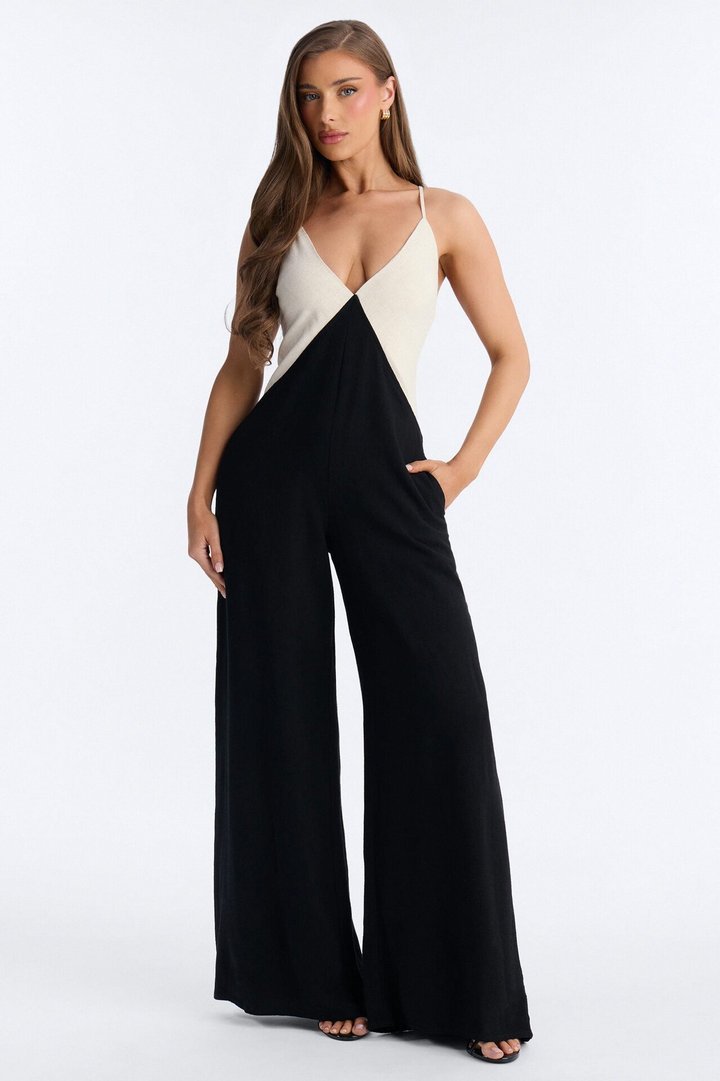 Katya Linen Wide Leg Jumpsuit - Black