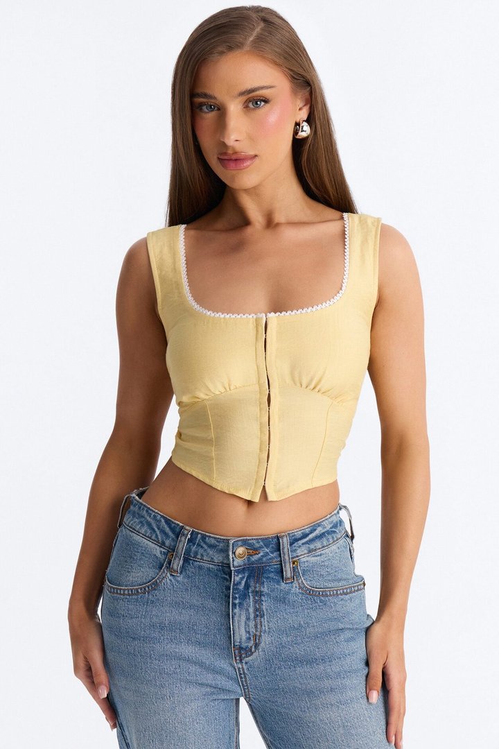 Extra Adorable Smocked Linen Corset - Butter Yellow