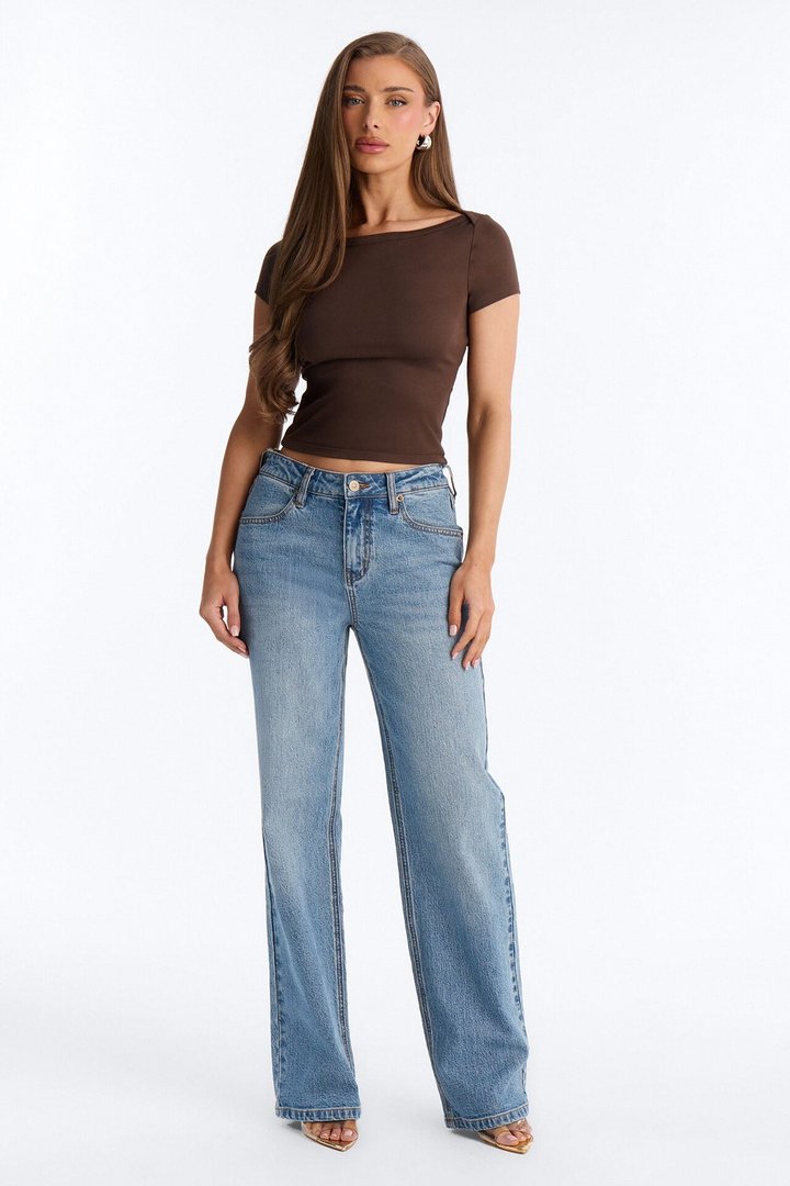 Boat Neck Ribbed T-shirt - Brown