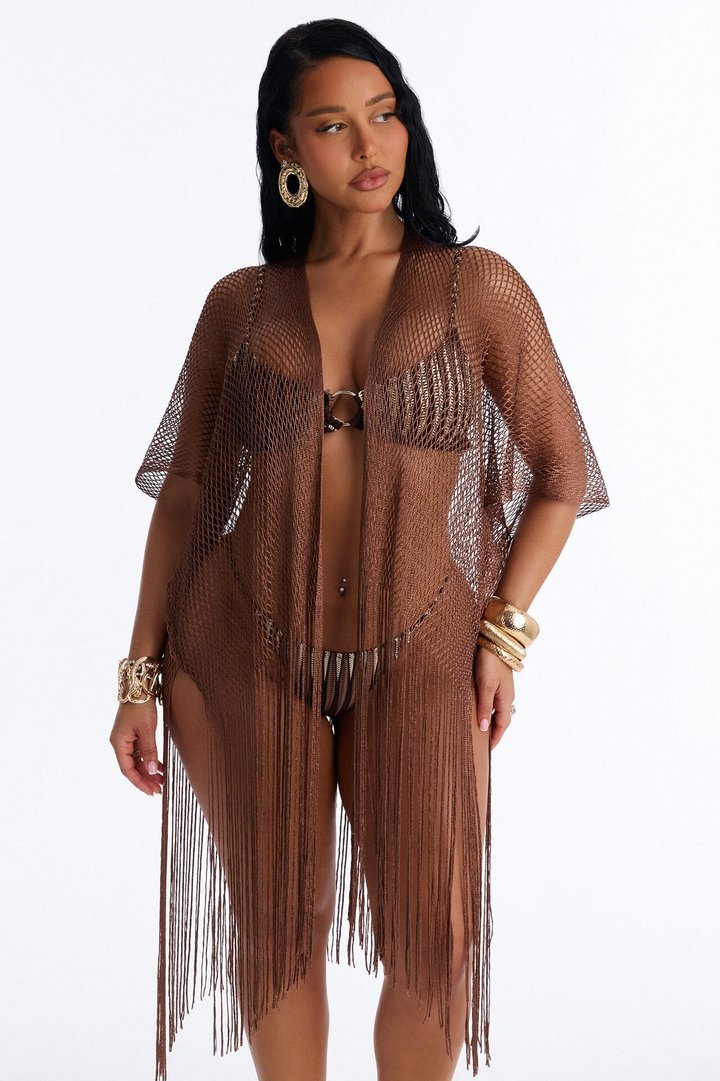 Paula Shimmer Fringe Swim Cover Up Kimono - Bronze