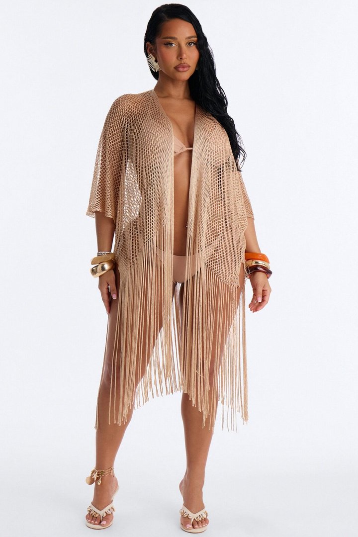 Paula Shimmer Fringe Swim Cover Up Kimono - Gold
