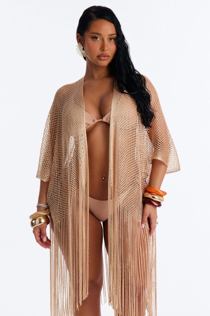 Paula Shimmer Fringe Swim Cover Up Kimono - Gold