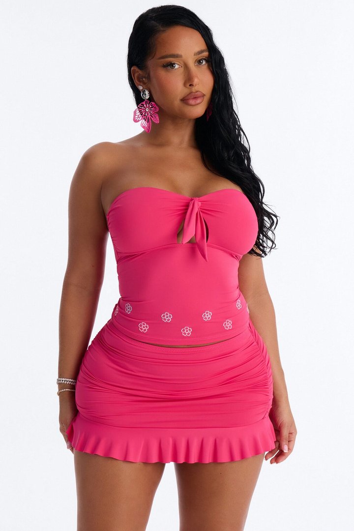 Sunshine State 2 Piece Strapless Bikini & Ruffle Mini Skirt Sunsuit - Fuchsia