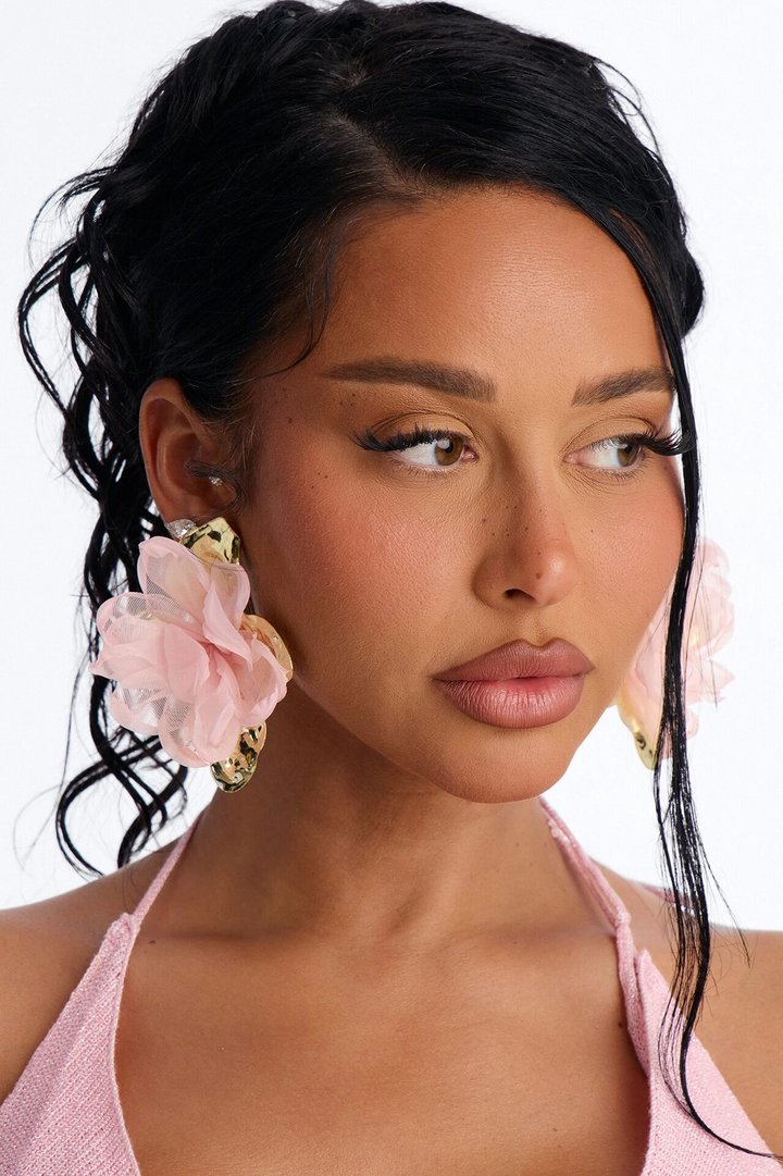 Ruffle Rose Earrings - Gold/Pink