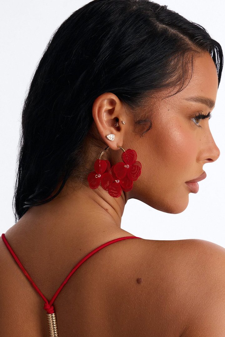 Pretty Breeze Floral Hoop Earrings - Red